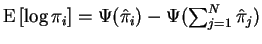 $ \operatorname{E}\left[ \log
\pi_i \right] = \Psi(\hat{\pi}_i) - \Psi(\sum_{j=1}^N
\hat{\pi}_j)$