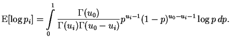 $\displaystyle \operatorname{E}[ \log p_i ] = \int\limits_0^1 \frac{\Gamma(u_0)}{\Gamma(u_i) \Gamma(u_0-u_i)} p^{u_i-1} (1-p)^{u_0-u_i-1} \log p \, dp.$