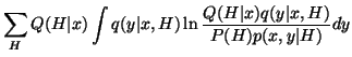 $\displaystyle \sum_H Q(H \vert x) \int q(y \vert x, H) \ln \frac{Q(H \vert x) q(y \vert x, H)} {P(H) p(x, y \vert H)} dy$