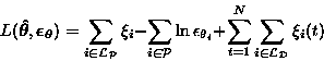 \begin{displaymath}
 L(\boldsymbol{\hat{\theta}}, \boldsymbol{\epsilon_{\boldsym...
 ...n_{\theta_i} +
 \sum_{t=1}^N \sum_{i \in \mathcal{L_D}}\xi_i(t)\end{displaymath}