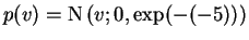 $\displaystyle p(v)=\operatorname{N}\left(v;0,\exp(-(-5))\right)$